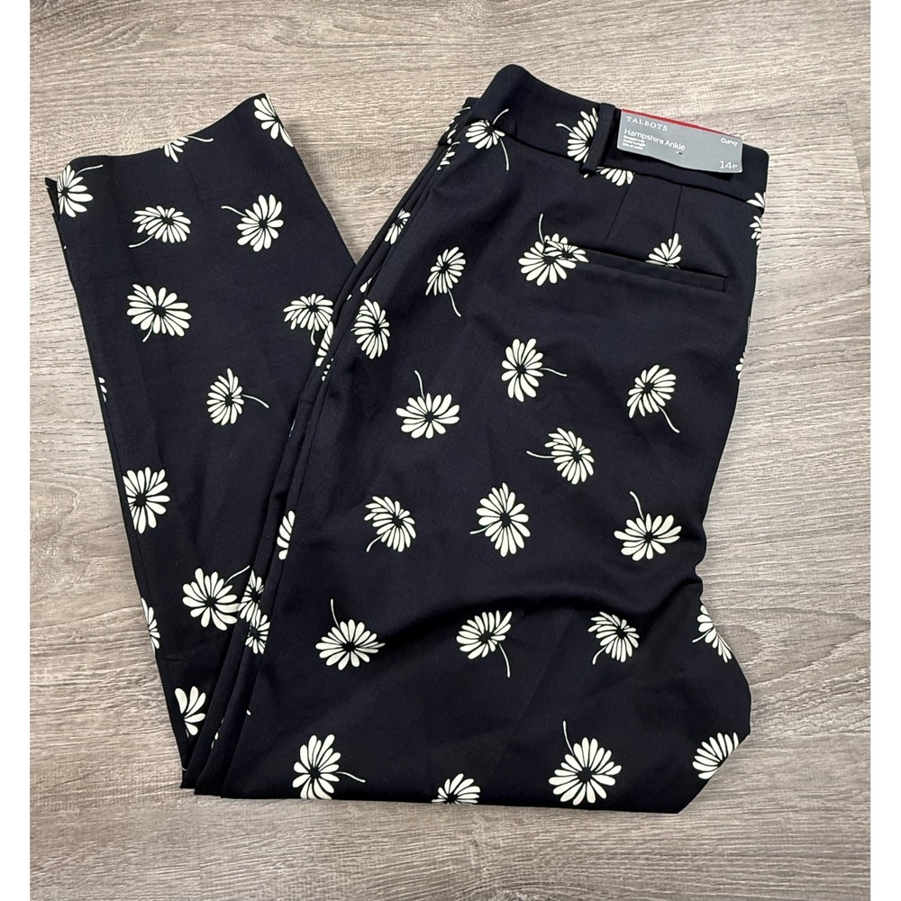 Talbots Hampshire Ankle Pants 14P Petite Curvy black Daisy Floral